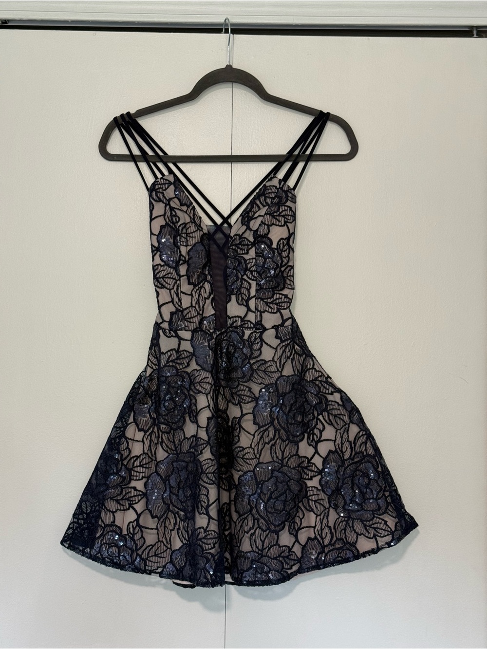 B Darlin Navy Blue Lace Illusion style Homecoming Dress sz 3/4